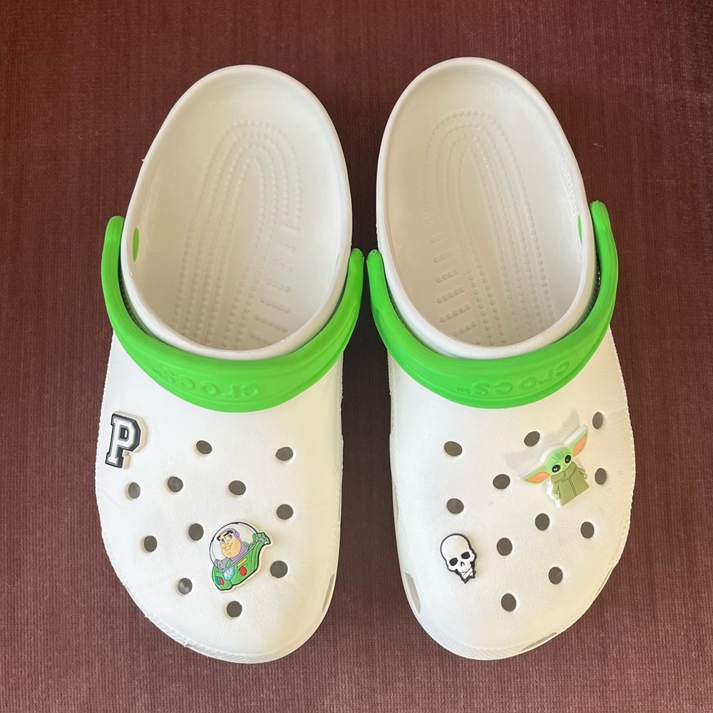 green and white crocs